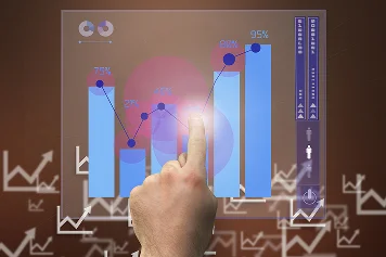 Een hand die een digitaal scherm aanraakt waarop een blauwe histogram en stijgende lijnen te zien zijn, ter analyse.